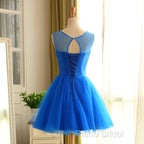 Blue Beaded Tulle Short Cute Homecoming Dresses, Blue Short Party Dresses Formal Prom Dresses