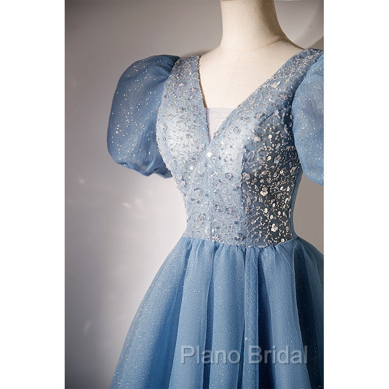 Blue Beaded Tulle Short Sleeves Formal Dresses, Blue Homecoming Dresses Formal Prom Dresses Secondary image