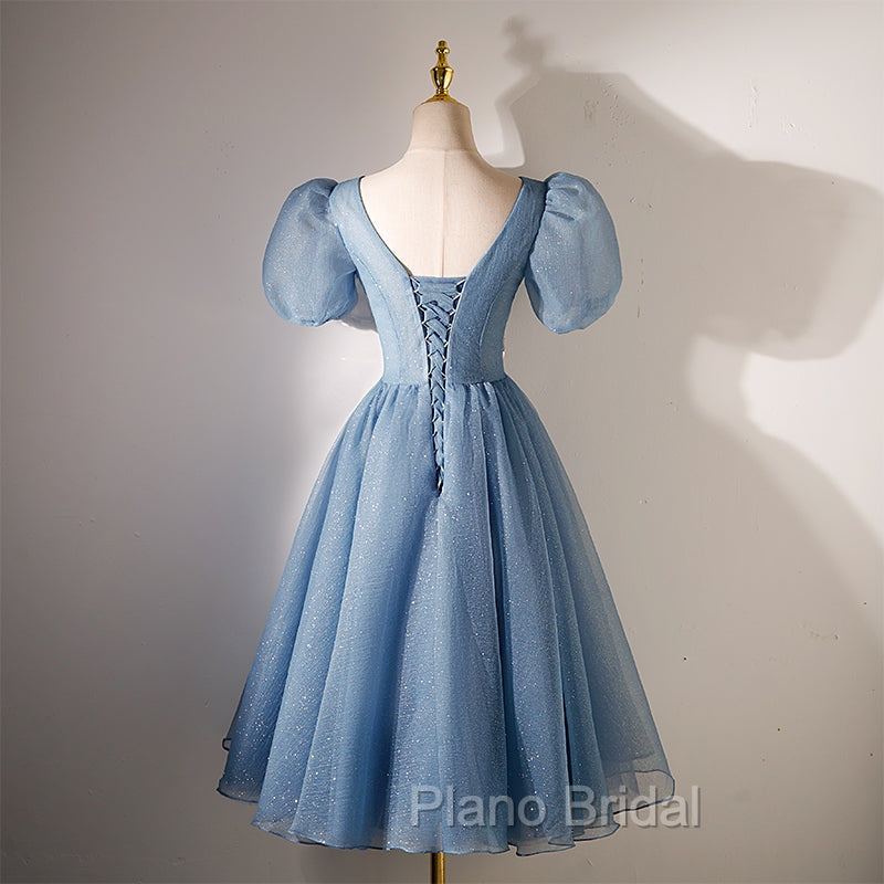 Blue Beaded Tulle Short Sleeves Formal Dresses, Blue Homecoming Dresses Formal Prom Dresses