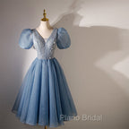 Blue Beaded Tulle Short Sleeves Formal Dresses, Blue Homecoming Dresses Formal Prom Dresses