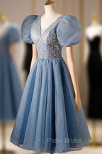 Blue Beaded Tulle Short Sleeves Formal Dresses, Blue Homecoming Dresses Formal Prom Dresses