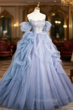 Blue Cascading Ruffles Long Formal Prom Dresses, A-Line Strapless Short Sleeve Sweep Train Evening Dresses
