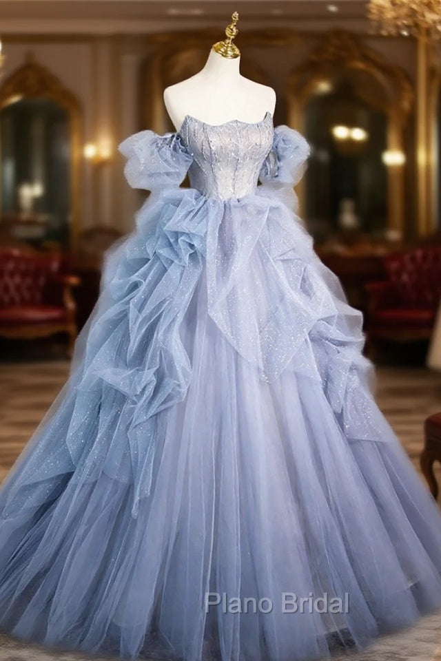 Blue Cascading Ruffles Long Formal Prom Dresses, A-Line Strapless Short Sleeve Sweep Train Evening Dresses