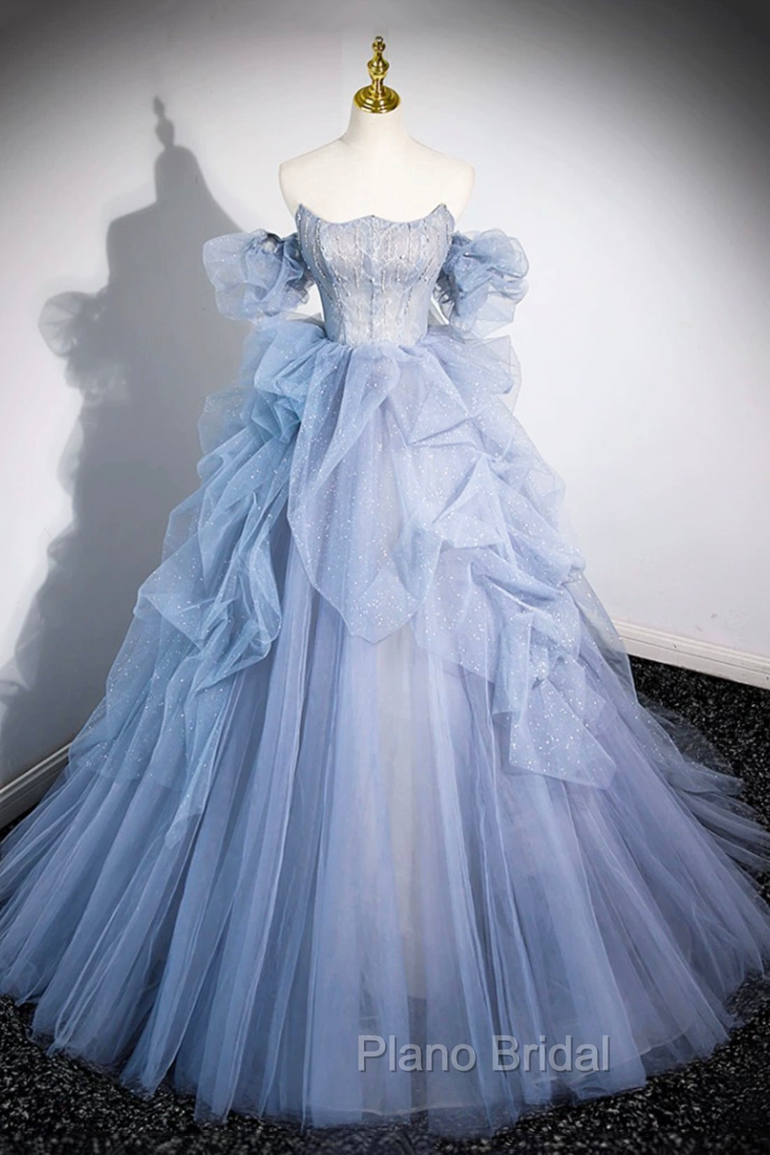 Blue Cascading Ruffles Long Formal Prom Dresses, A-Line Strapless Short Sleeve Sweep Train Evening Dresses Main image