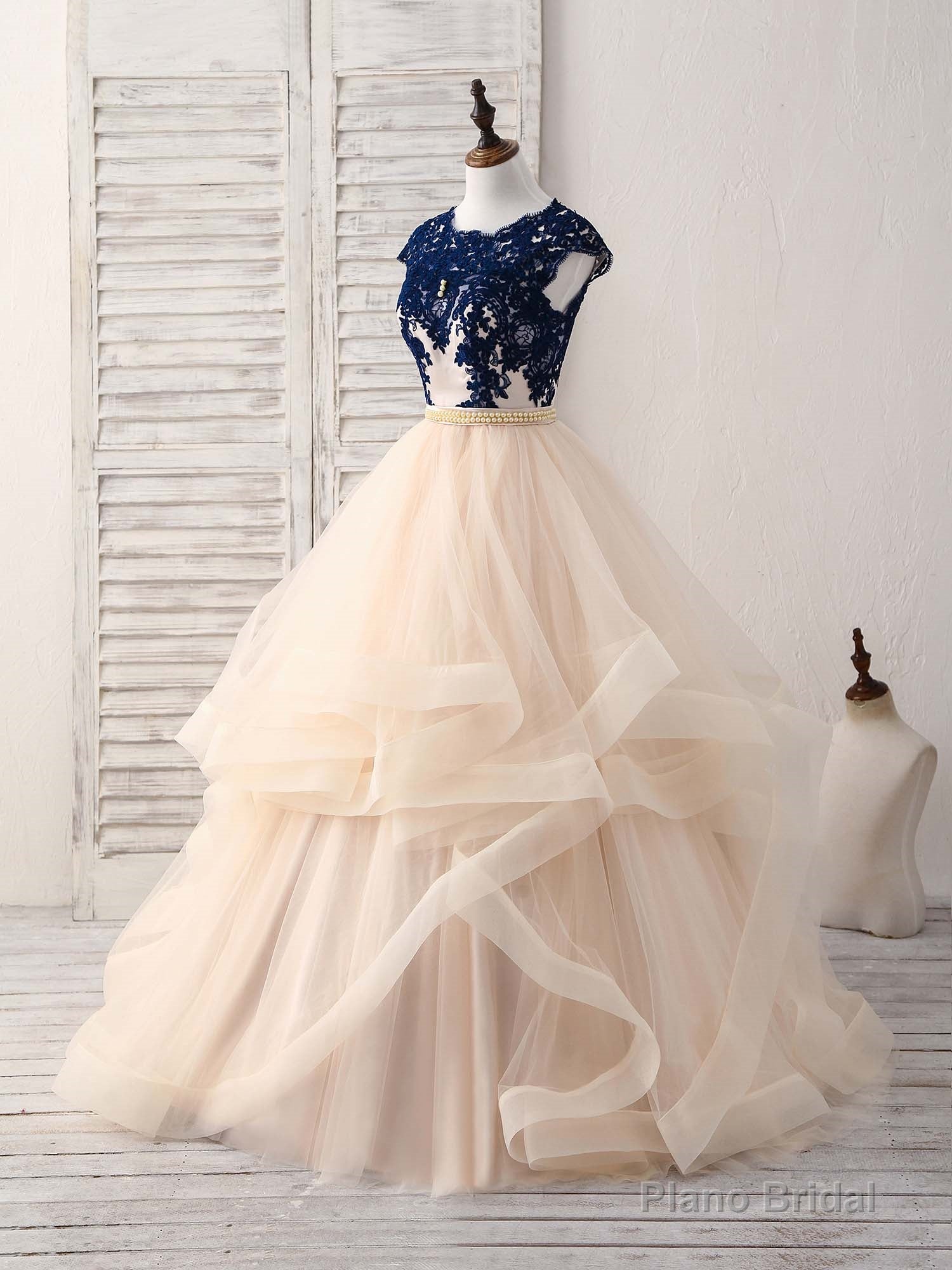 Blue/Champagne Tulle Lace Applique Long Prom Dress, Evening Dress Secondary image