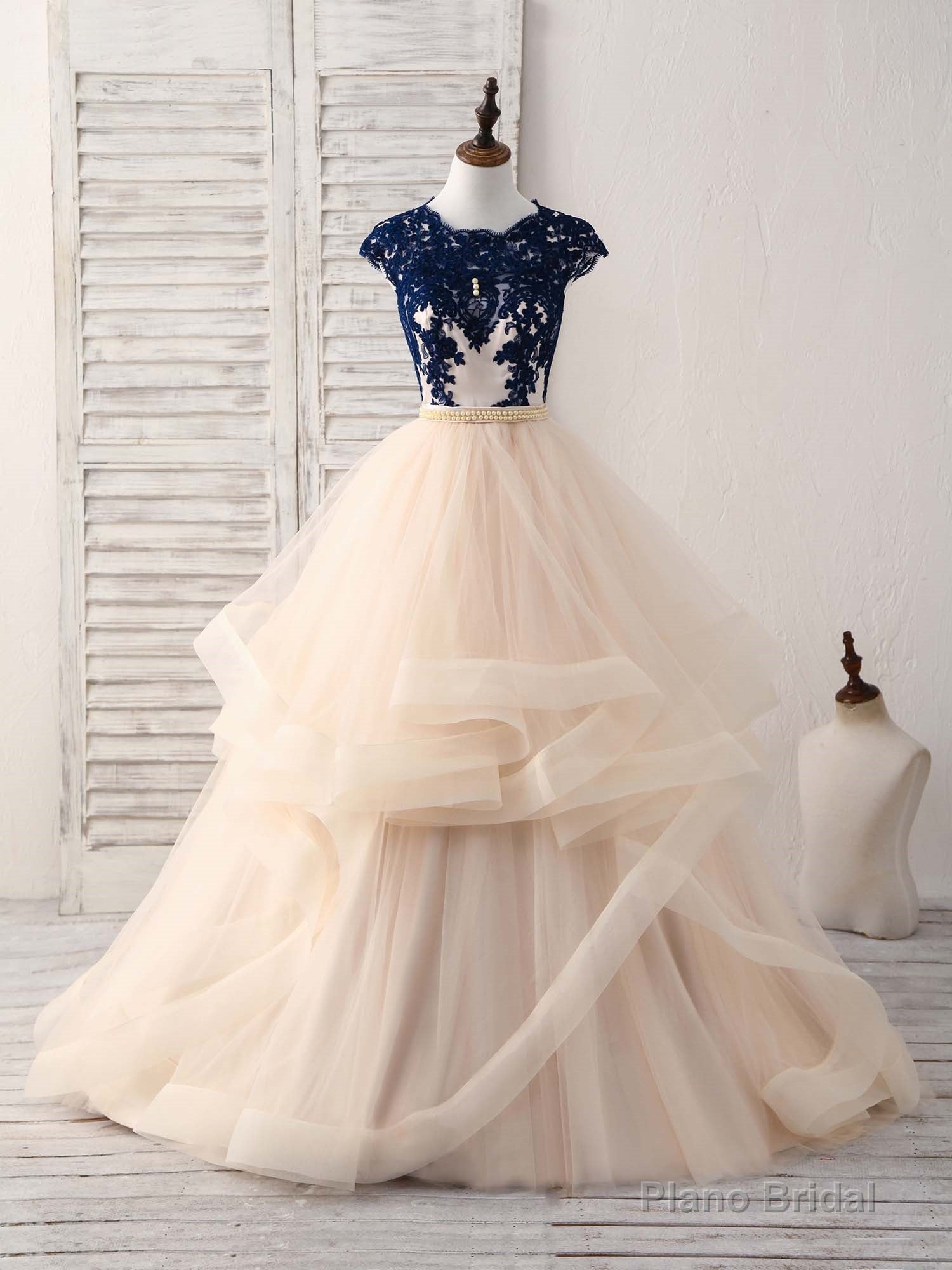Blue/Champagne Tulle Lace Applique Long Prom Dress, Evening Dress Main image