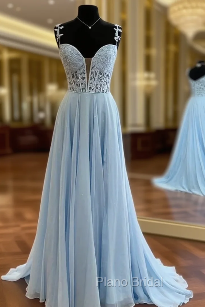 Blue Chiffon Appliques Straps Formal Prom Dresses Main image