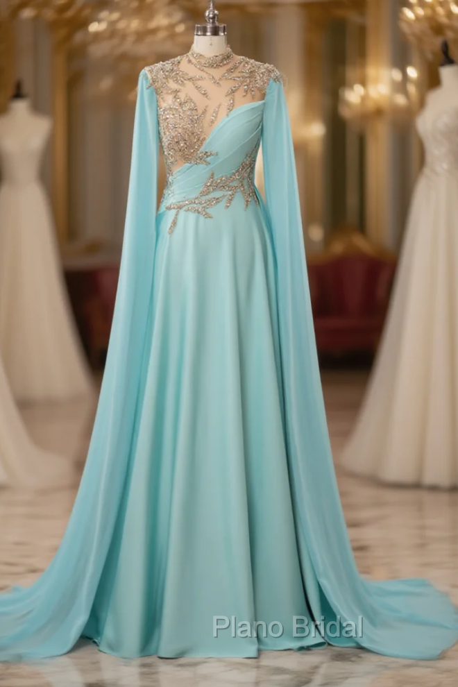 Blue Chiffon Beading High Neck Formal Prom Dresses Main image