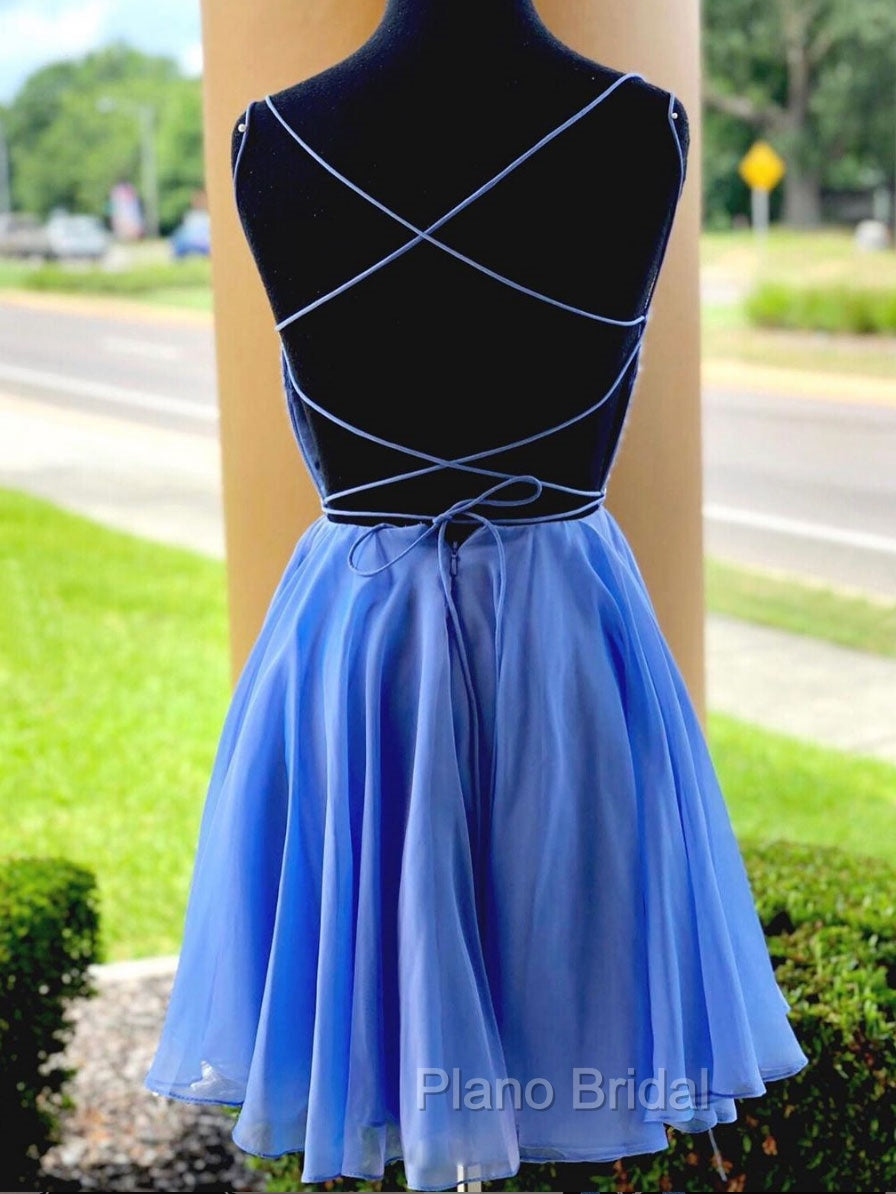 Blue Chiffon Beads Backless Short Formal Prom Dresses, Blue Homecoming Dresses Secondary image