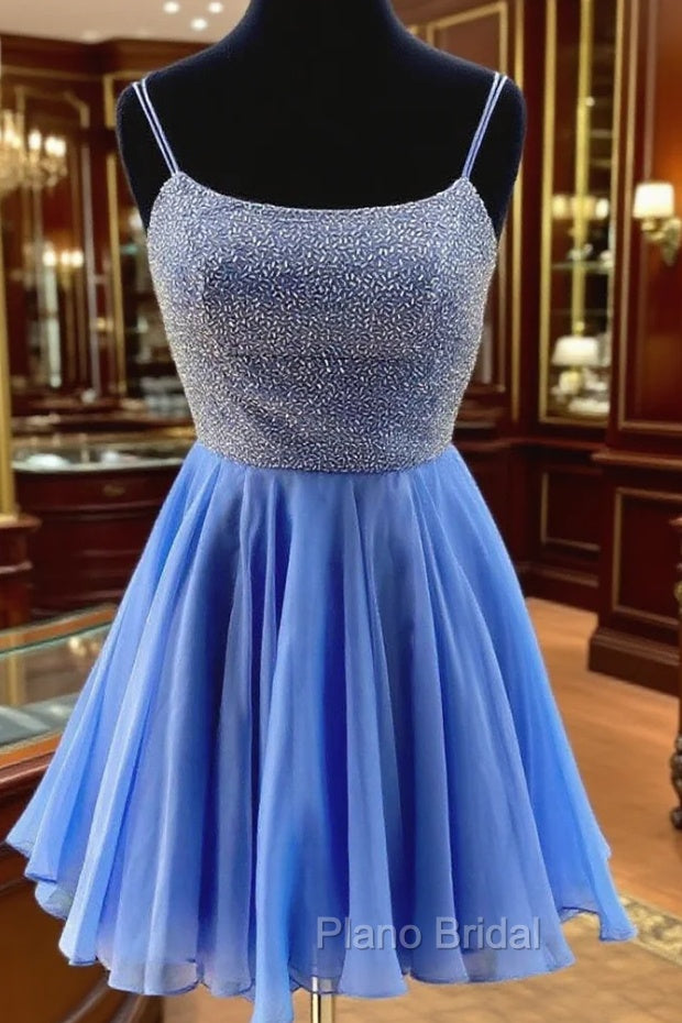 Blue Chiffon Beads Backless Short Formal Prom Dresses, Blue Homecoming Dresses Main image