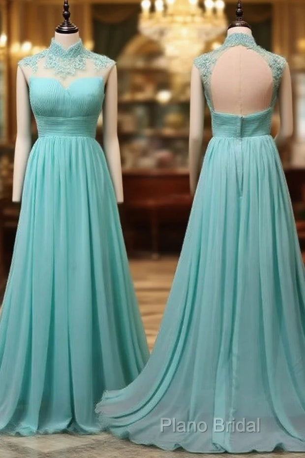 Blue Chiffon Lace And Beaded Cap Sleeves Formal Prom Party Dresses, A-Line Chiffon Formal Dresses Main image