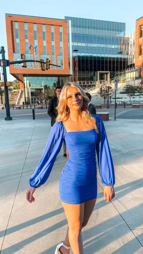 Blue Chiffon Long Sleeves Mini Homecoming Dresses