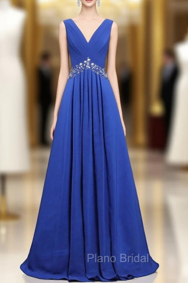 Blue Chiffon V-neck Floor Length Bridesmaid Dresses