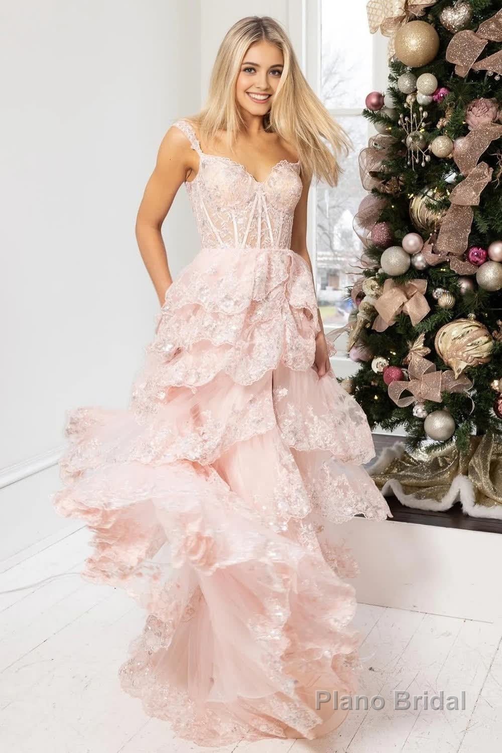 Blue Corset Tiered Lace Prom Dress with Slit