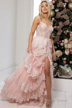 Blue Corset Tiered Lace Prom Dress with Slit