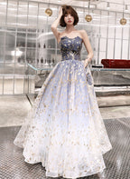 Blue Cute Tulle Gradient Long Party Dresses, A-Line Blue Formal Prom Dresses Formal Evening Dresses