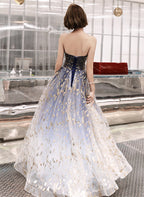 Blue Cute Tulle Gradient Long Party Dresses, A-Line Blue Formal Prom Dresses Formal Evening Dresses