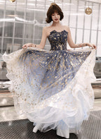 Blue Cute Tulle Gradient Long Party Dresses, A-Line Blue Formal Prom Dresses Formal Evening Dresses