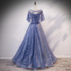 Blue Elegant A-Line Long Formal Prom Dresses, Blue Formal Evening Gown Graduation Dresses