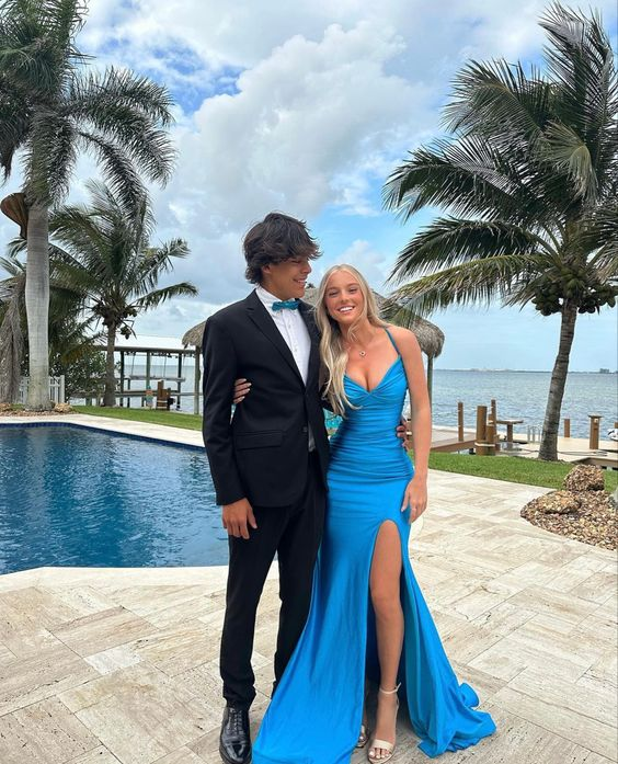 Blue Elegant Mermaid Slit Formal Prom Dresses Long Formal Evening Dresses