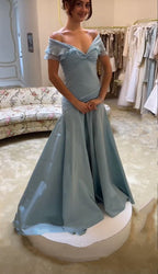 Blue Elegant Simple Off Shoulder Long Satin Formal Prom Dresses Formal Evening Dresses Party Dresses Birthday Dresses Graduation Dresses