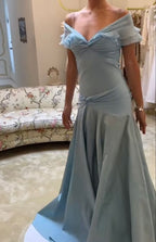 Blue Elegant Simple Off Shoulder Long Satin Formal Prom Dresses Formal Evening Dresses Party Dresses Birthday Dresses Graduation Dresses