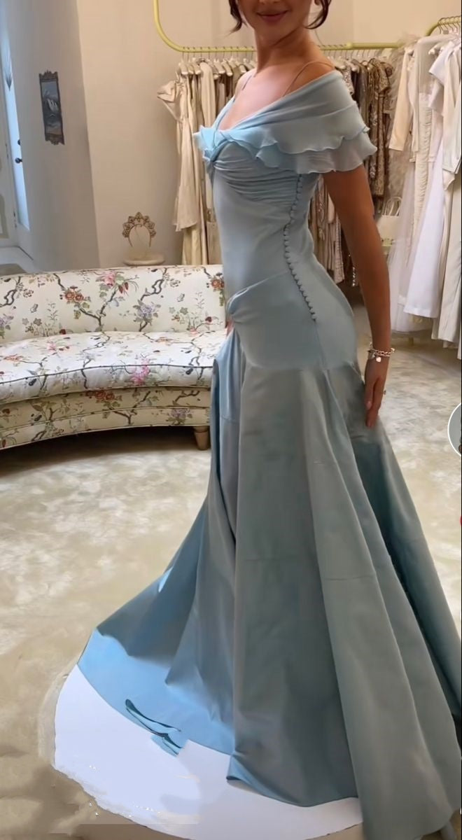 Blue Elegant Simple Off Shoulder Long Satin Formal Prom Dresses Formal Evening Dresses Party Dresses Birthday Dresses Graduation Dresses