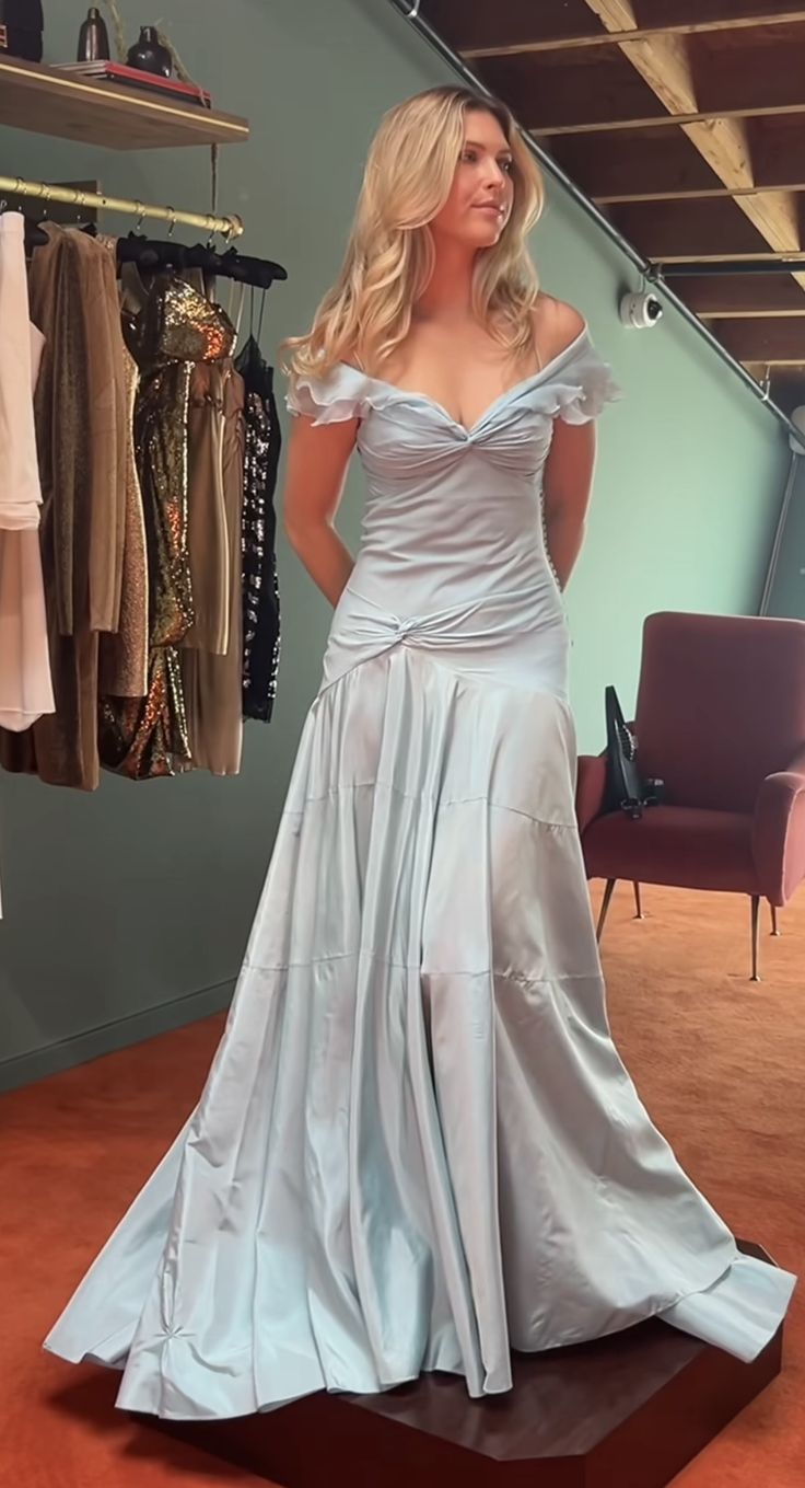 Blue Elegant Simple Off Shoulder Long Satin Formal Prom Dresses Formal Evening Dresses Party Dresses Birthday Dresses Graduation Dresses Main image