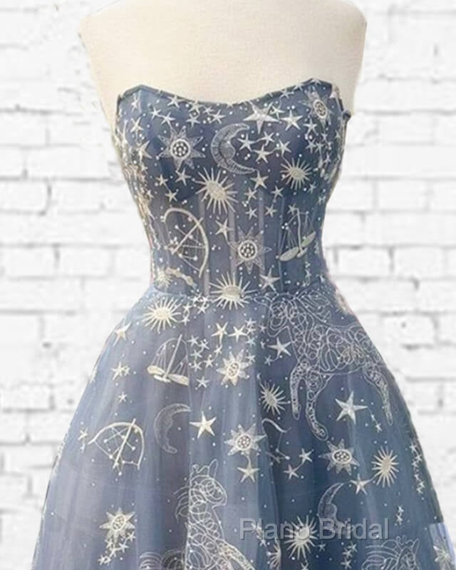 Blue Embroidery Tulle Dresses