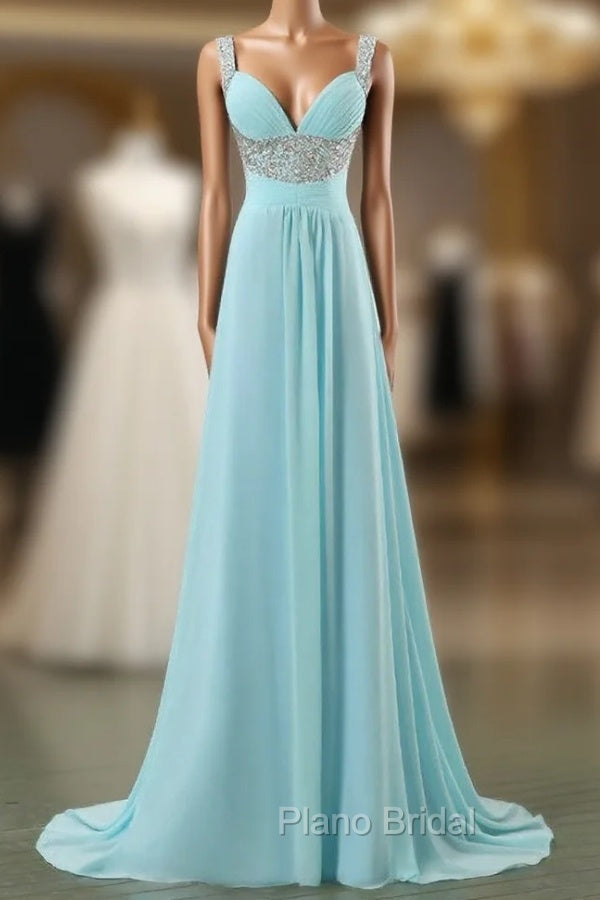 Blue Empire Spaghetti Straps Chiffon Backless Long Formal Prom Dresses