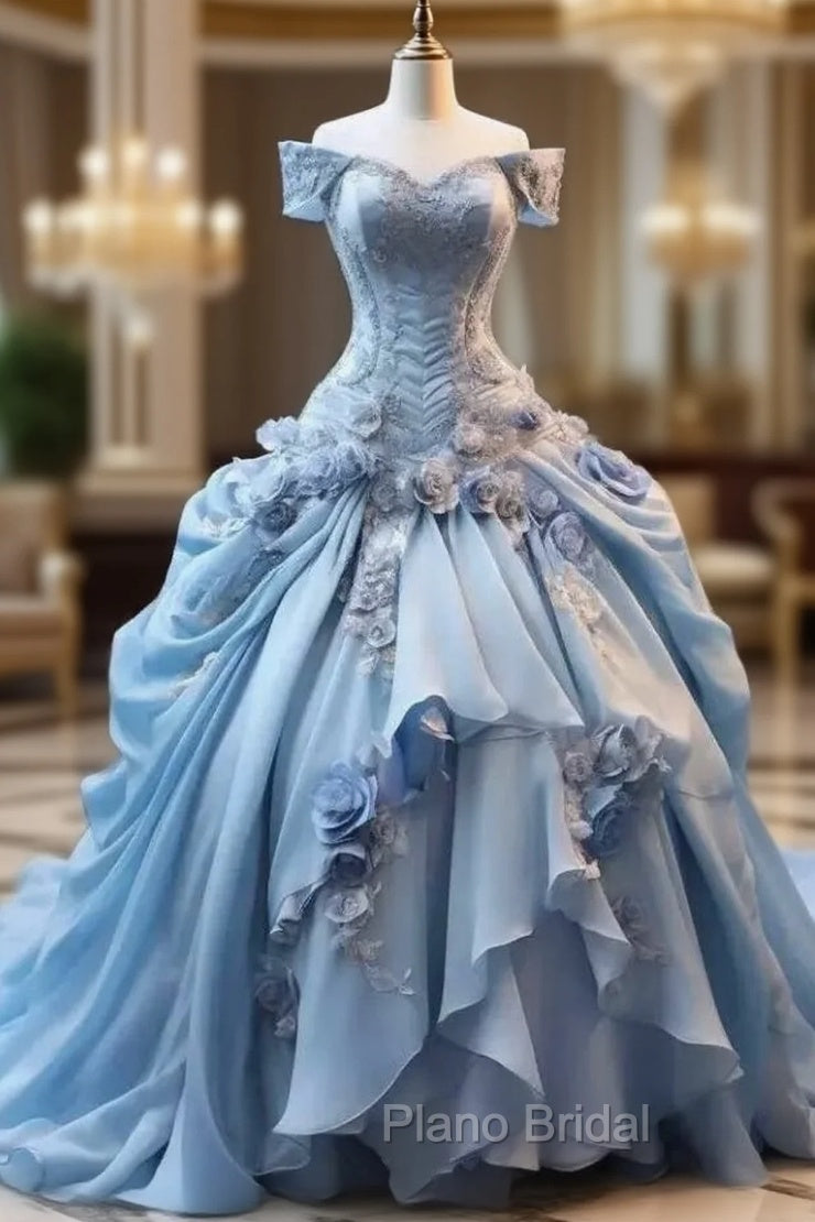 Blue Fairy 3D Floral Formal Prom Dresses Bustle Ruched Sweet 16 Ball Gown Quinceanera Dresses