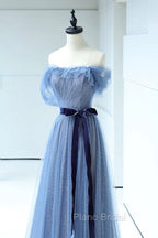 Blue Floor Length Formal Prom Dresses, A-line Strapless Tulle Evening Dresses