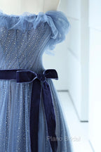 Blue Floor Length Formal Prom Dresses, A-line Strapless Tulle Evening Dresses