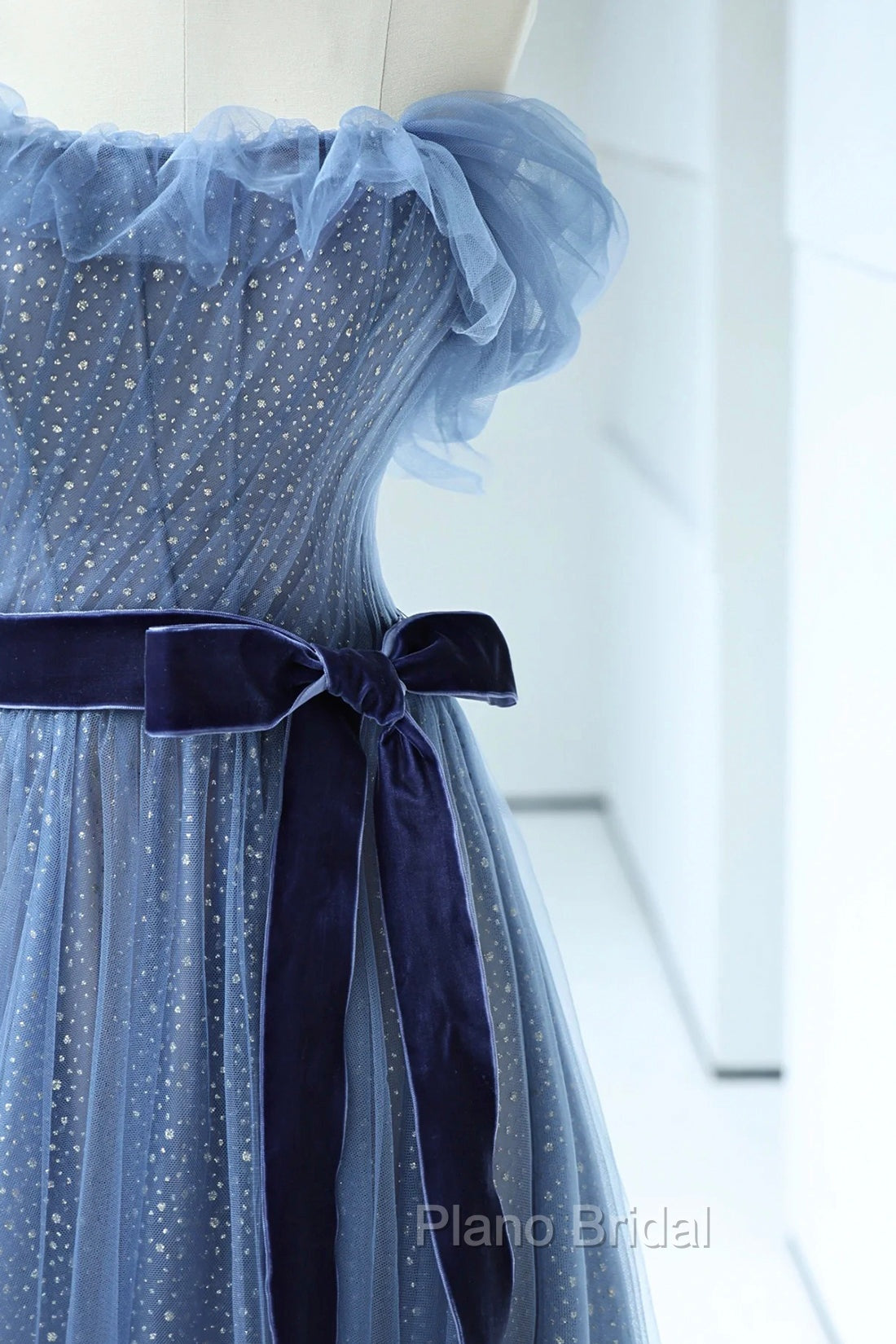 Blue Floor Length Formal Prom Dresses, A-line Strapless Tulle Evening Dresses