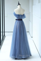 Blue Floor Length Formal Prom Dresses, A-line Strapless Tulle Evening Dresses