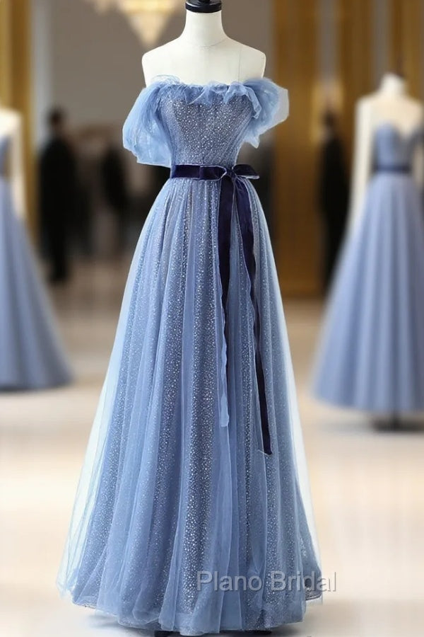 Blue Floor Length Formal Prom Dresses, A-line Strapless Tulle Evening Dresses Main image