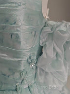 Blue Floral A-Line Strapless Organza Long Formal Prom Dresses Graduation Formal Prom Dresses