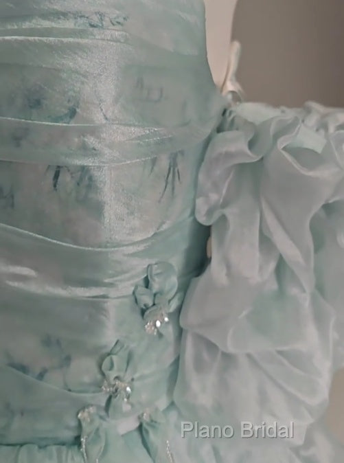 Blue Floral A-Line Strapless Organza Long Formal Prom Dresses Graduation Formal Prom Dresses