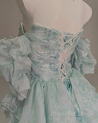Blue Floral A-Line Strapless Organza Long Formal Prom Dresses Graduation Formal Prom Dresses