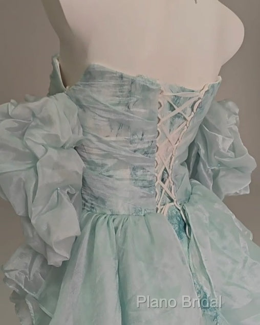Blue Floral A-Line Strapless Organza Long Formal Prom Dresses Graduation Formal Prom Dresses