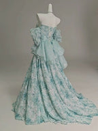 Blue Floral A-Line Strapless Organza Long Formal Prom Dresses Graduation Formal Prom Dresses