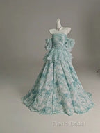 Blue Floral A-Line Strapless Organza Long Formal Prom Dresses Graduation Formal Prom Dresses