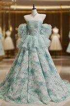 Blue Floral A-Line Strapless Organza Long Formal Prom Dresses Graduation Formal Prom Dresses