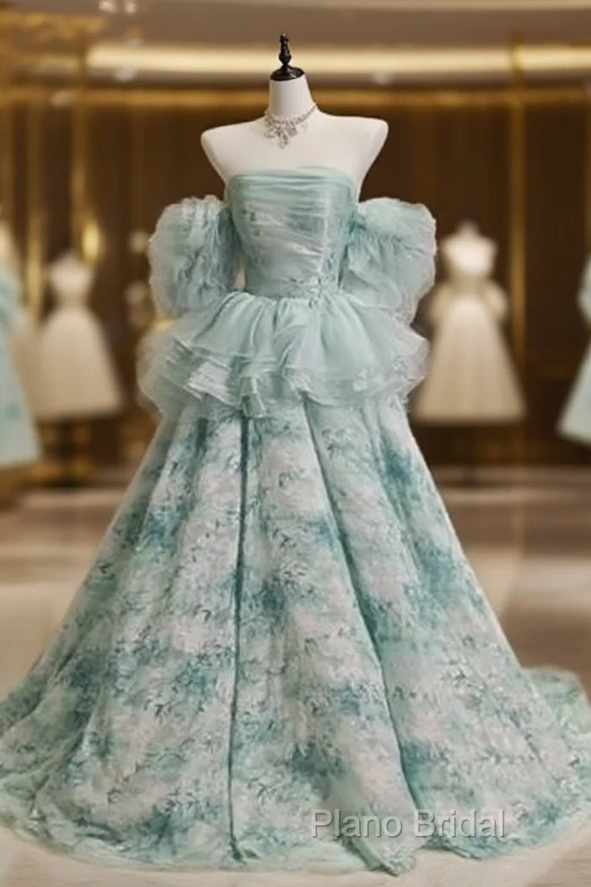 Blue Floral A-Line Strapless Organza Long Formal Prom Dresses Graduation Formal Prom Dresses