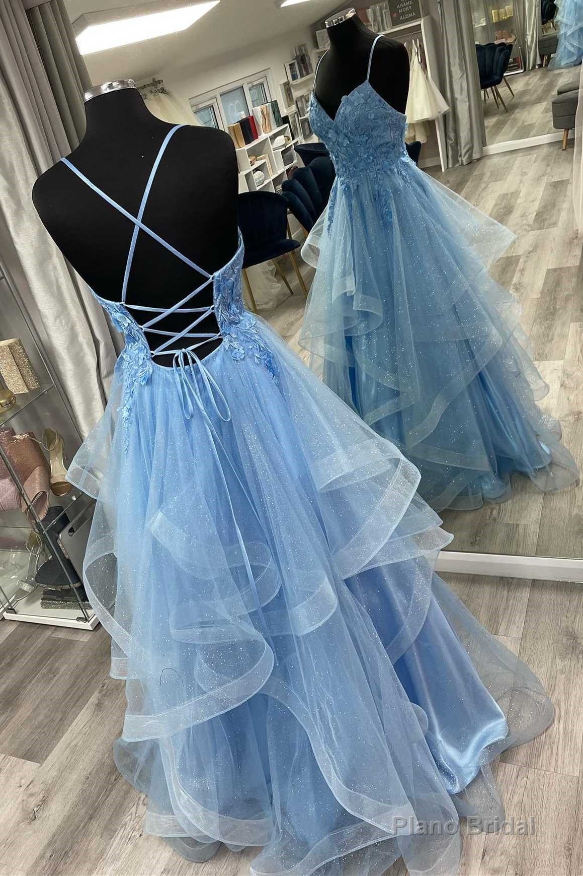 Blue Floral Appliques Lace-Up Tiered A-Line Prom Dress Holiday Dresses Main image