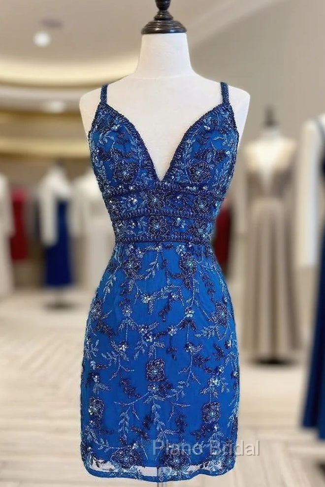 Blue Floral Lace Beaded Lace-Up Back Cocktail Dresses Main image