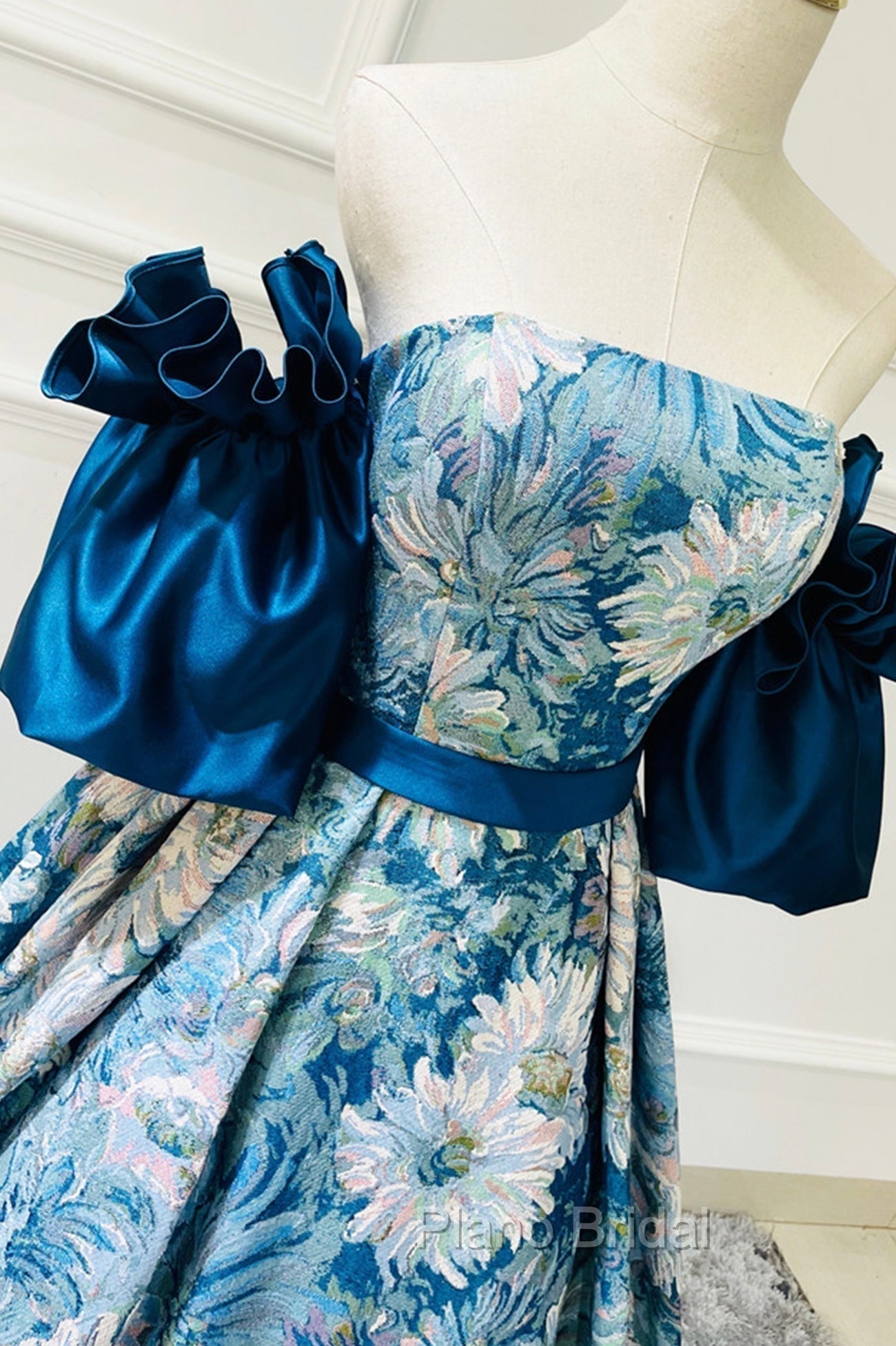 Blue Floral Pattern Long Senior Formal Prom Dresses, Off the Shoulder Evening Party Dresses Secondary image