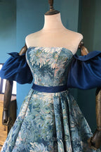 Blue Floral Pattern Long Senior Formal Prom Dresses, Off the Shoulder Evening Party Dresses