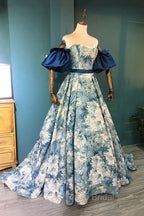 Blue Floral Pattern Long Senior Formal Prom Dresses, Off the Shoulder Evening Party Dresses