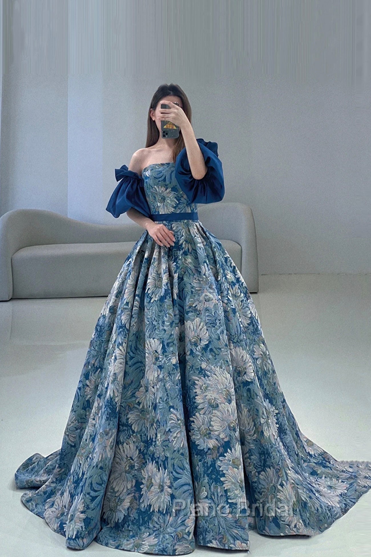 Blue Floral Pattern Long Senior Formal Prom Dresses, Off the Shoulder Evening Party Dresses